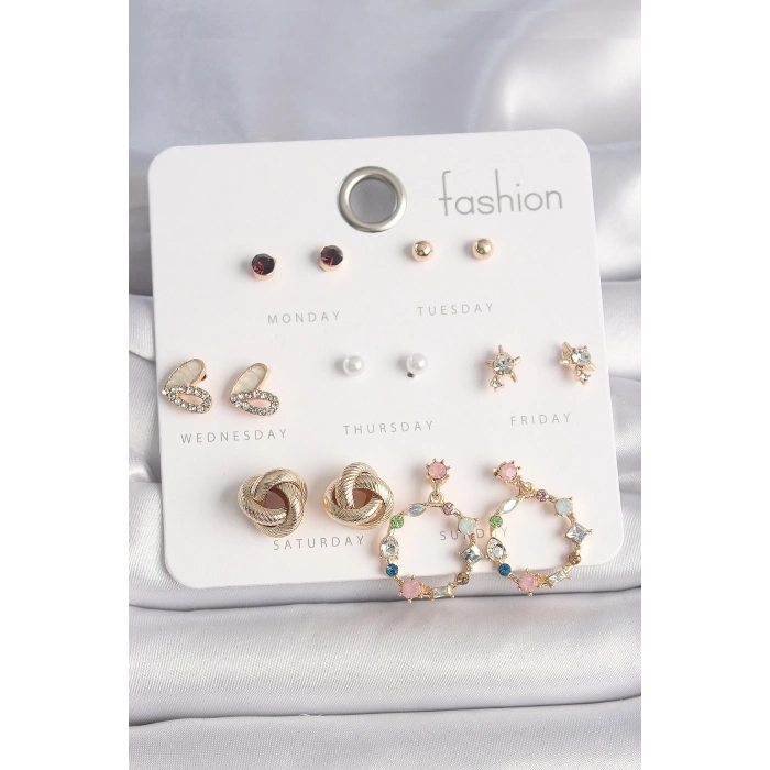 BFS Pirinç Gold Renk Renkli Zirkon Taşlı Kalp Detay 7 Çift Kadın Küpe Seti