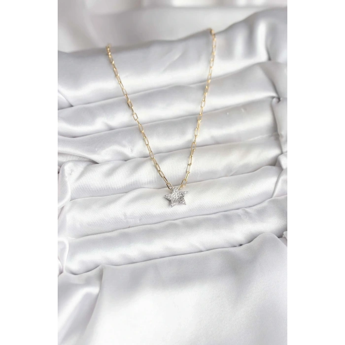 BFS Pirinç Gold Renk Zincirli Zirkon Taşlı Minimal Yıldız Model Kadın Kolye