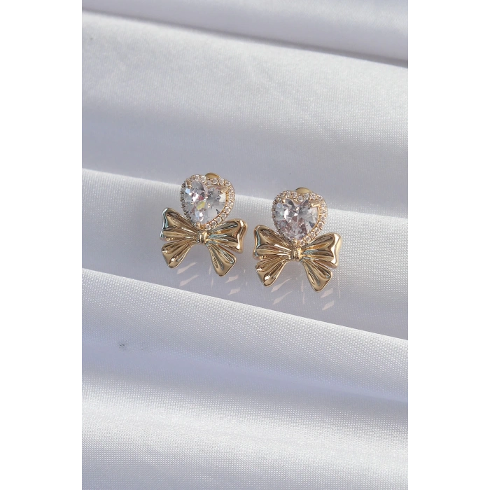 BFS Pirinç Gold Renk Zirkon Taşlı Kalp Model Fiyonk Küpe