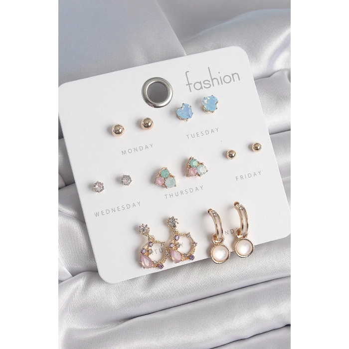 BFS Pirinç Gold Renk Zirkon Taşlı Sallantı Halka Figür Kalp Detay 7 Çift Kadın Küpe