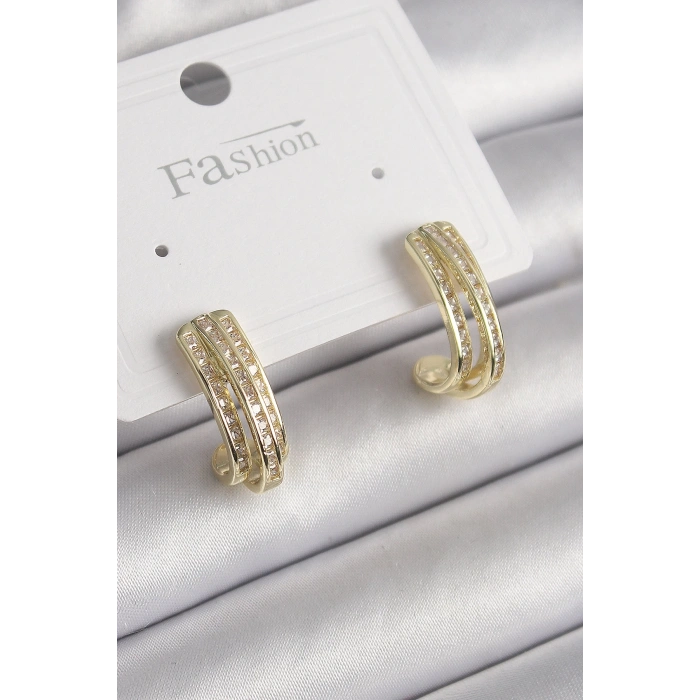BFS Pirinç Gold Renk Zirkon Taşlı Yarım Halka Model Kadın Küpe