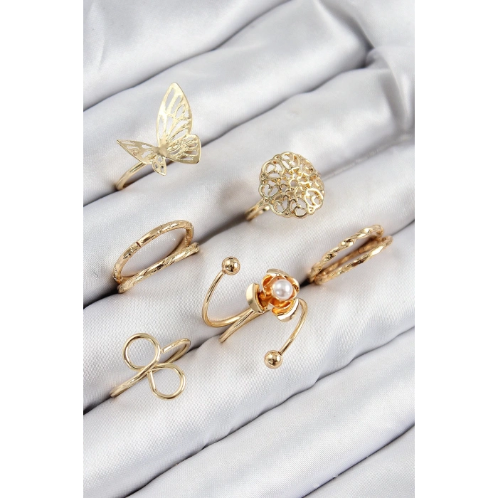 BFS Pirinç Gül Kelebek Model Gümüş Renk Kadın Yüzük Kombin Set