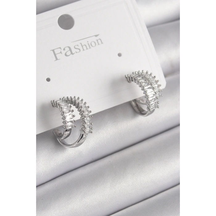 BFS Pirinç Gümüş Renk 2Li Zirkon Taşlı Halka Model Kadın Küpe