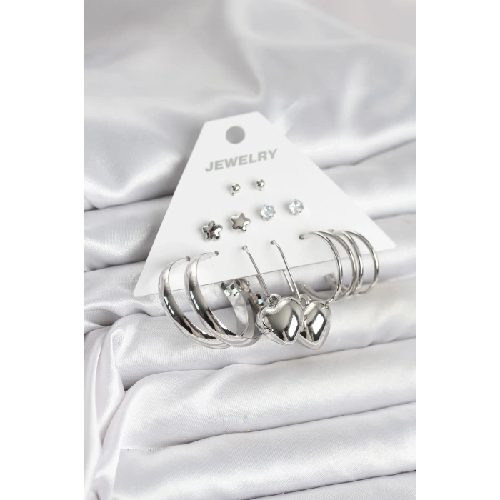 BFS Pirinç Gümüş Renk 6 Çift Kadın Küpe Seti