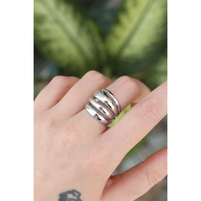 BFS Pirinç Gümüş Renk Ayarlanabilir Tırtıklı Bombe Yüzük