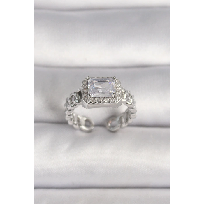 BFS Pirinç Gümüş Renk Ayarlanabilir Zincir Kare Zirkon Taşlı Kadın Yüzük