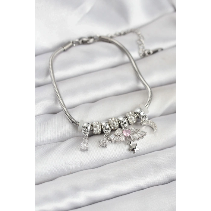 BFS Pirinç Gümüş Renk Kanatlı Charmlı Kadın Bileklik