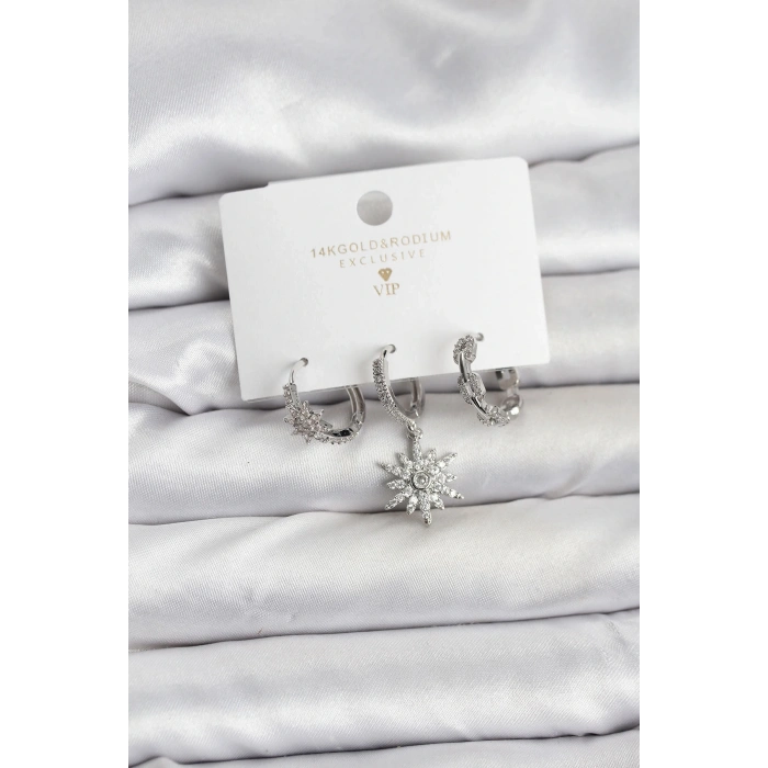 BFS Pirinç Gümüş Renk Kutup Yıldızı Model 3lü Kadın Küpe Seti