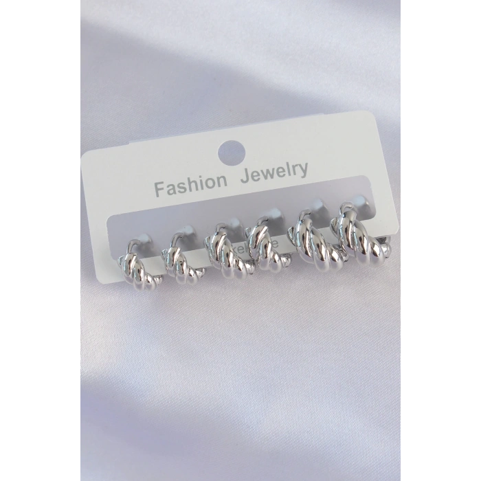 BFS Pirinç Gümüş Renk Minimal Tırtıklı Küpe Seti