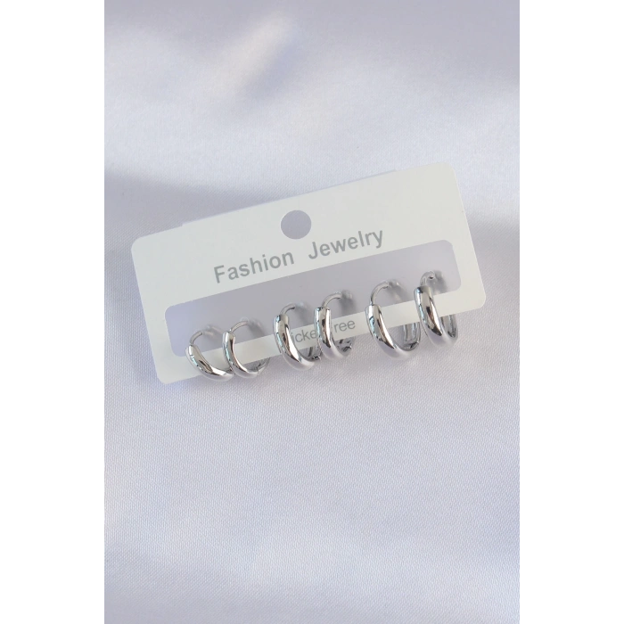 BFS Pirinç Gümüş Renk Oval Bombeli Küpe Seti