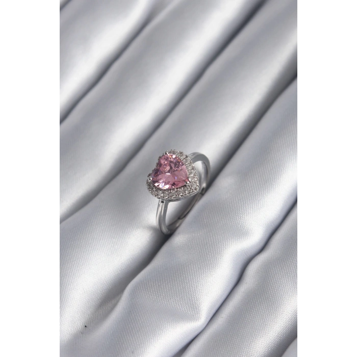 BFS Pirinç Gümüş Renk Pembe Zirkon Taş Kalp Charm Model Kadın Yüzük