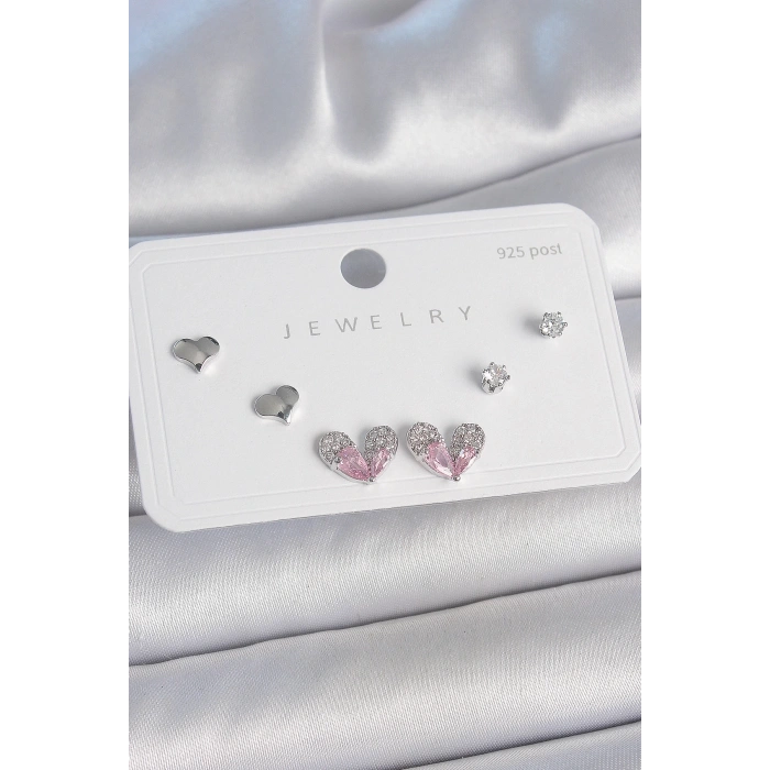 BFS Pirinç Gümüş Renk Pembe Zirkon Taşlı Kalp Model 925 Ayar Gümüş Çivi Kadın Küpe Seti