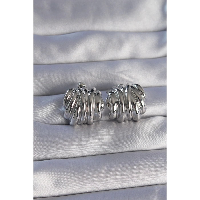 BFS Pirinç Gümüş Renk Tırtıklı Bombe Model Küpe