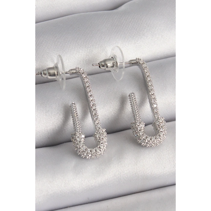 BFS Pirinç Gümüş Renk Zirkon Taşlı Çengelli İğne Model Kadın Küpe