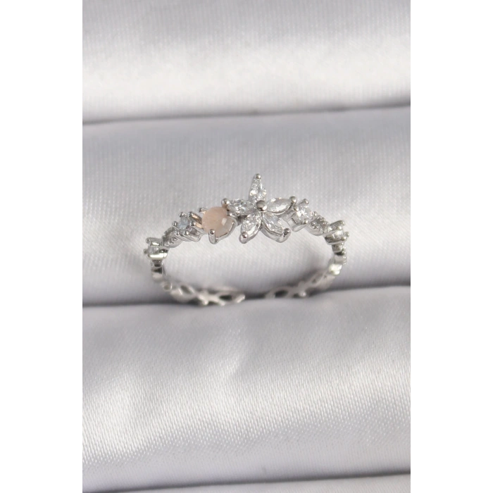 BFS Pirinç Gümüş Renk Zirkon Taşlı Çiçek Model Ayarlanabilir Yüzük