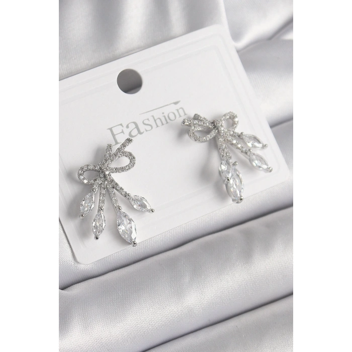 BFS Pirinç Gümüş Renk Zirkon Taşlı Düğüm Model Damla Zirkon Taşlı Kadın Küpe