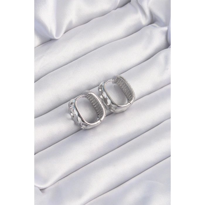 BFS Pirinç Gümüş Renk Zirkon Taşlı Minimal Halka Küpe