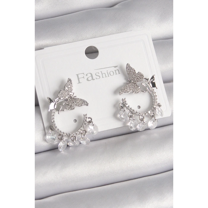 BFS Pirinç Gümüş Renk Zirkon Taşlı Sallantı Detay Kelebek Model Kadın Küpe