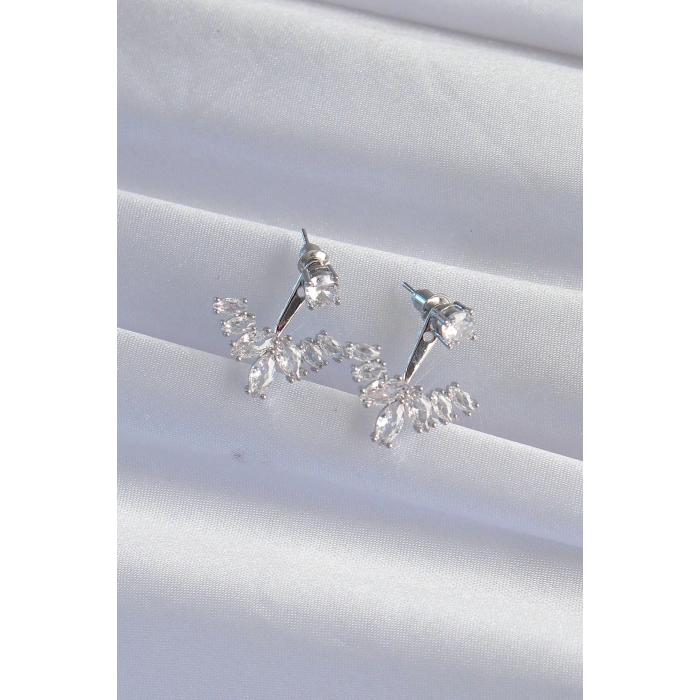 BFS Pirinç Gümüş Renk Zirkon Taşlı V Model Küpe