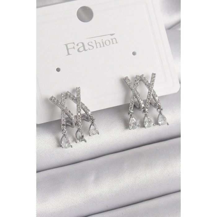 BFS Pirinç Gümüş Renk Zirkon Taşlı X Model Sallantı Detay Kadın Küpe