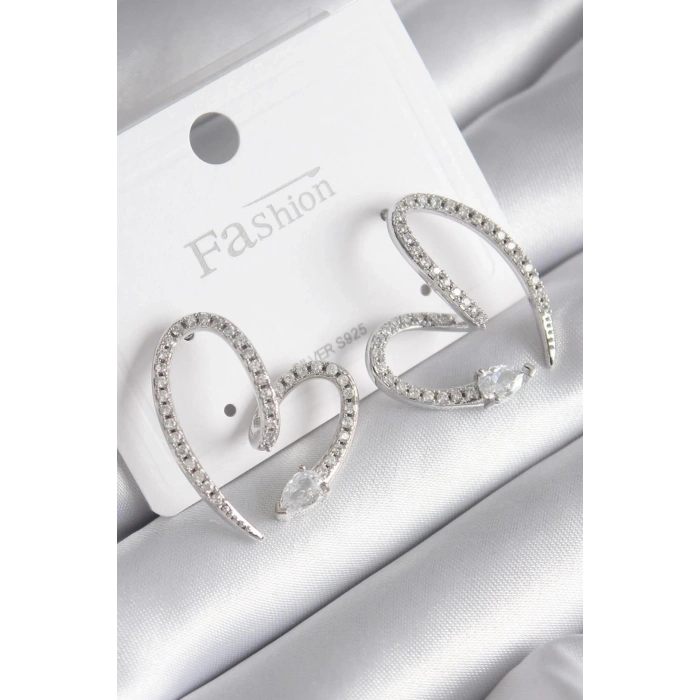 BFS Pirinç Gümüş Renk Zirkon Taşlı Yılan Kalp Model Kadın Küpe