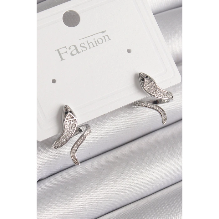 BFS Pirinç Gümüş Renk Zirkon Taşlı Yılan Model Kadın Küpe