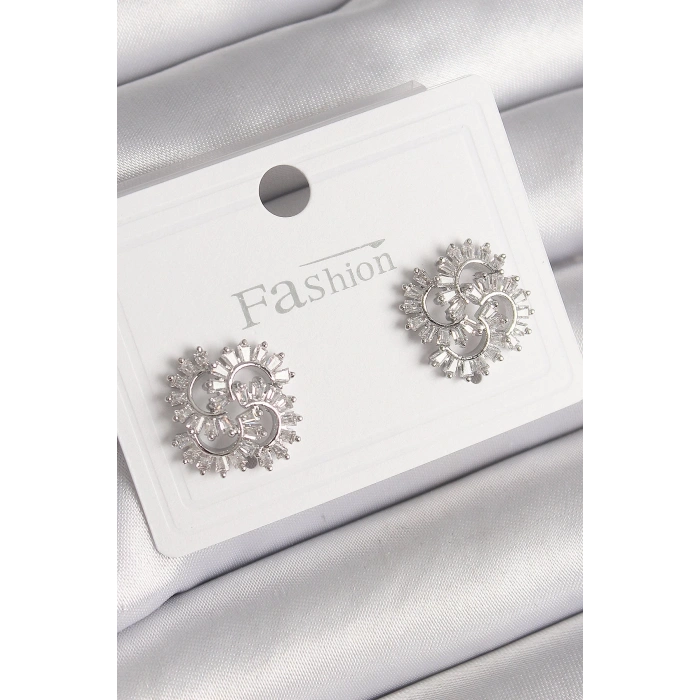 BFS Pirinç Gümüş Renk Zirkon Taşlı Yonca Model Kadın Küpe