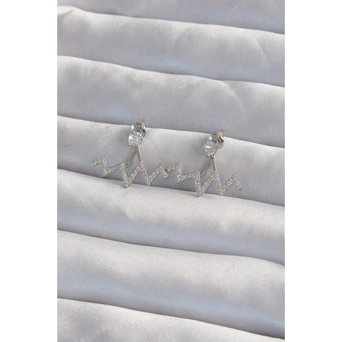 BFS Pirinç Gümüş Renk Zirkon Taşlı Zikzak Küpe