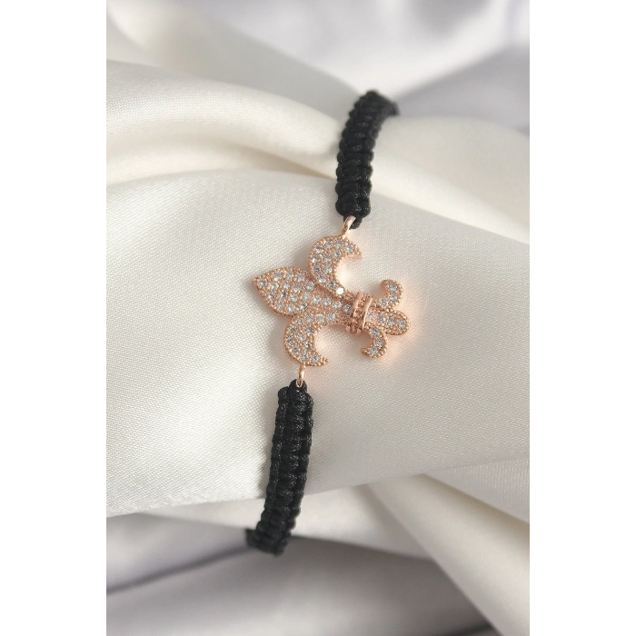 BFS Pirinç Rose Renk Zirkon Taşlı Zambak Model Asansörlü Makrome Model Kadın Bileklik