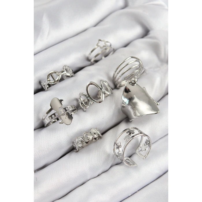 BFS Pirinç Sarmal Ve Yıldız Model Gümüş Renk Kadın Yüzük Kombin Set