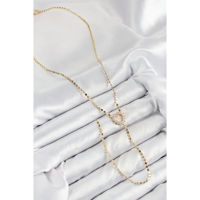 BFS Pirinç Zirkon Taşlı Ezme Zincirli Kalp Model Gold Renk Y Kolye