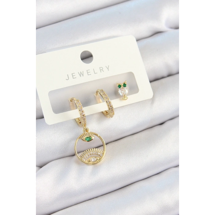 BFS Pirinç Zirkon Taşlı Göz Ve Baykuş Model Gold Renk 3lü Çift Kadın Küpe Set