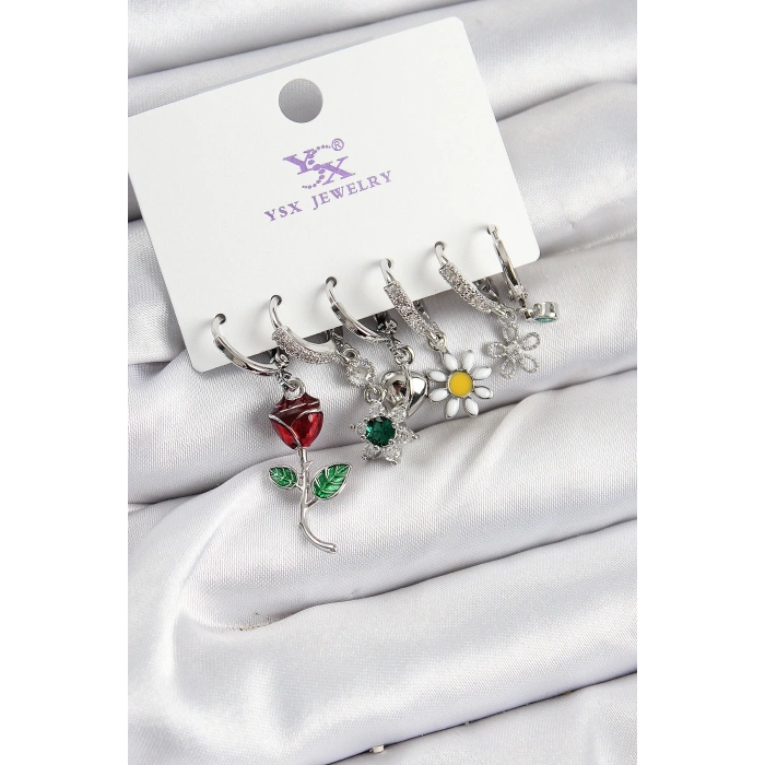 BFS Pirinç Zİrkon Taşlı Gül Ve Papatya Model Gümüş Renk 3lü Çift Kadın Küpe