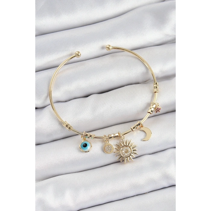 BFS Pirinç Zirkon Taşlı Güneş Ay Nazar Model Gold Renk Charm Bileklik