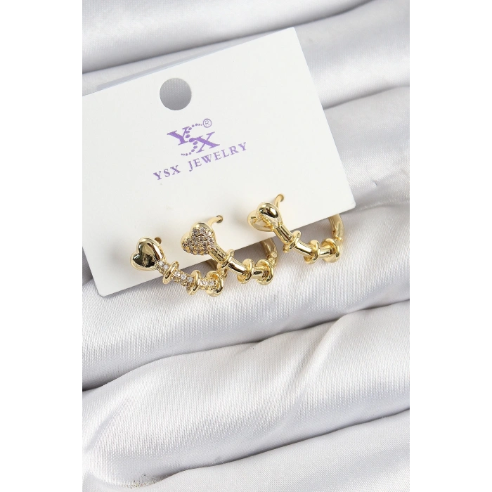 BFS Pirinç Zİrkon Taşlı Kalp Model Gold Renk 3lü Kadın Küpe