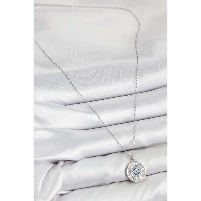 BFS Pirinç Zirkon Taşlı Su Yolu Nazar Model Gümüş Renk Kadın Kolye