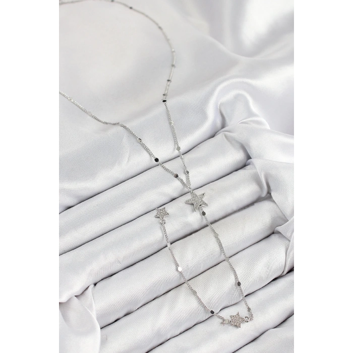 BFS Pirinç Zirkon Taşlı Yıldız Model Gümüş Renk Y Kolye