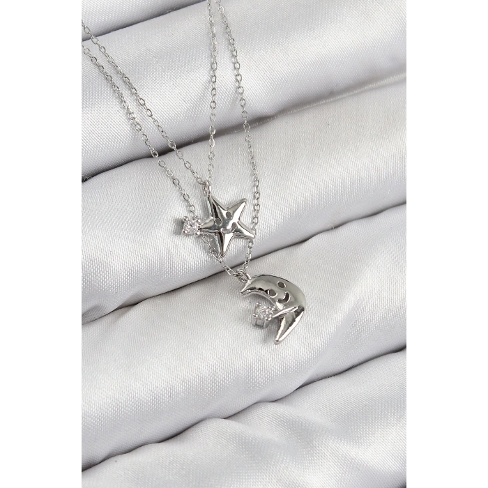 BFS Pirinç Zirkon Taşlı Yıldız Ve Ay Model Gümüş Renk Kadın Kolye