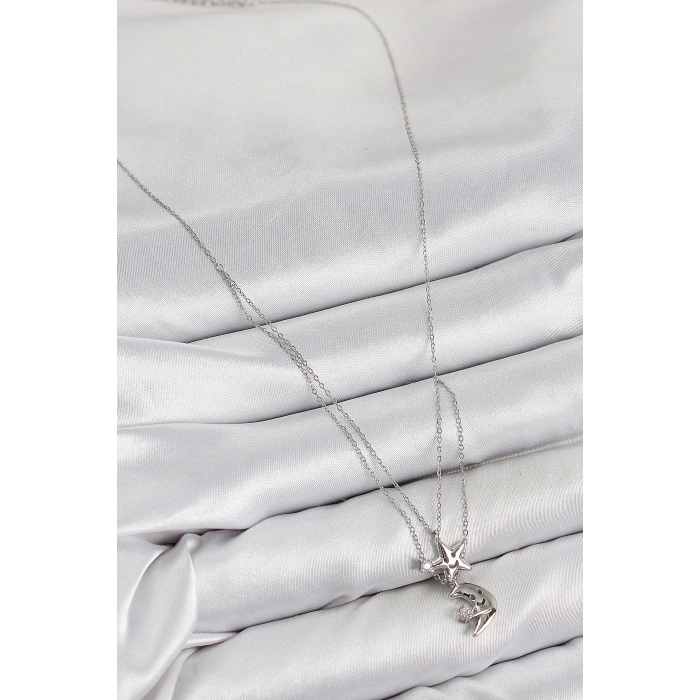 BFS Pirinç Zirkon Taşlı Yıldız Ve Ay Model Gümüş Renk Kadın Kolye