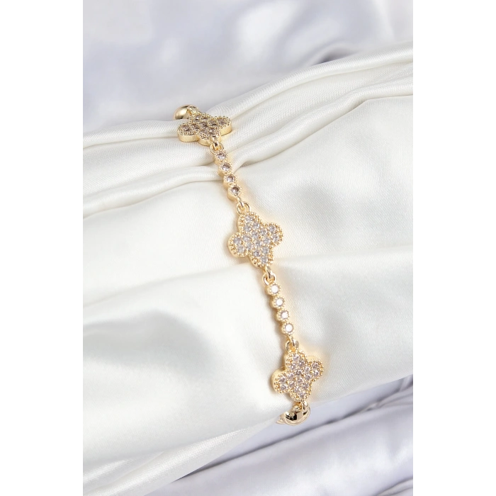 Mey İthalat® Pirinç Zirkon Taşlı Yonca Model Gold Renk Kadın Bileklik