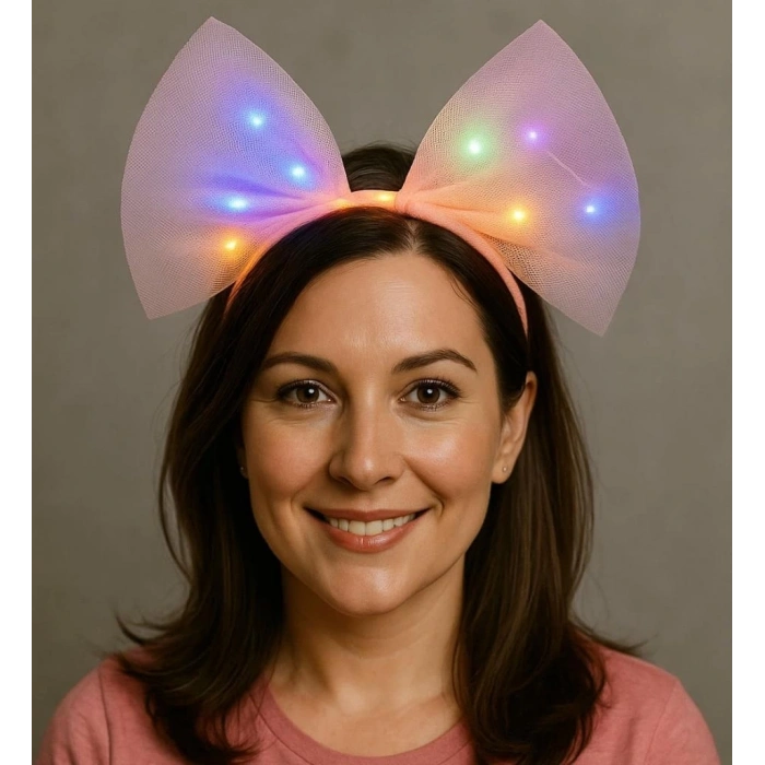 BFS     Rengarenk Led Işıklı Fiyonk Şekilli Tül Parti Tacı Pembe Renk 25x25 cm