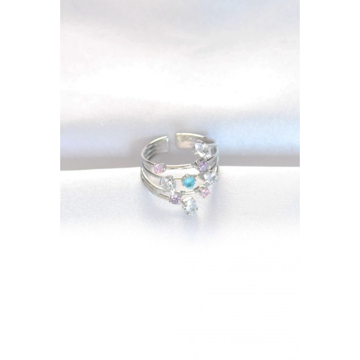 BFS Renkli Zirkon Taşlı Silver Renk Ayarlanabilir Yüzük