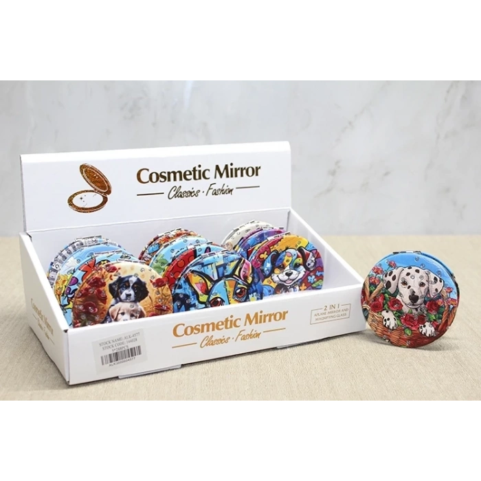 BFS Sevimli Köpek Tasarımıyla Taş İşlemeli İnce El Aynası Yuvarlak Alk4577