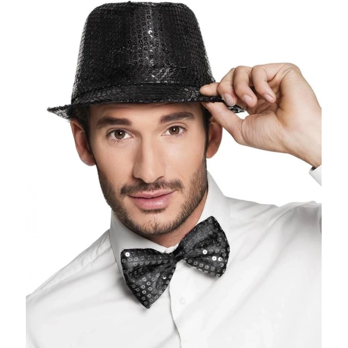 BFS   Siyah Payetli Şapka ve Papyon Seti – Parıltılı Yetişkin Kostüm Seti