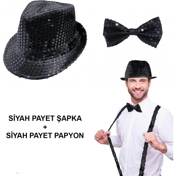 BFS   Siyah Payetli Şapka ve Papyon Seti – Parıltılı Yetişkin Kostüm Seti