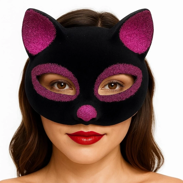BFS   Siyah Renk Fuşya Simli Süet Kaplama Kedi Maskesi 18x14 cm