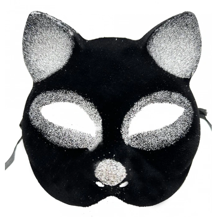 BFS     Siyah Renk Gümüş Simli Süet Kaplama Kedi Maskesi 18x14 cm