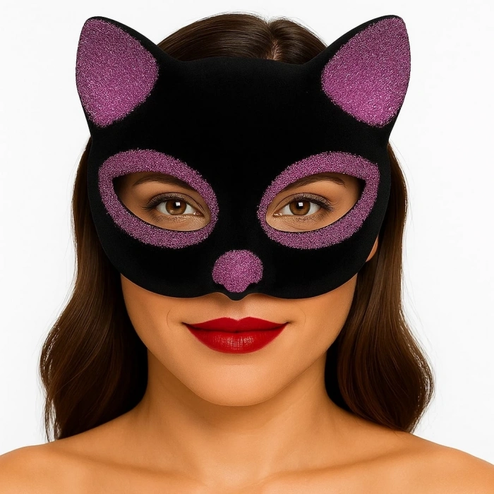 BFS   Siyah Renk Pembe Simli Süet Kedi Maskesi 18x14 cm