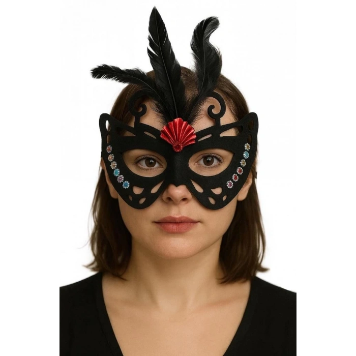 BFS   Siyah Renk Siyah Süet Kaplama Tüylü Kelebek Figür Parti Maskesi 24x18 cm