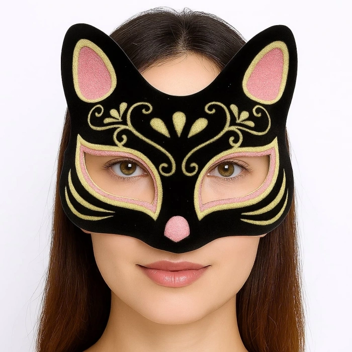 BFS   Siyah Renk Süet Kaplama Üzeri Pembe Sarı Simli Kedi Maskesi 17x14 cm